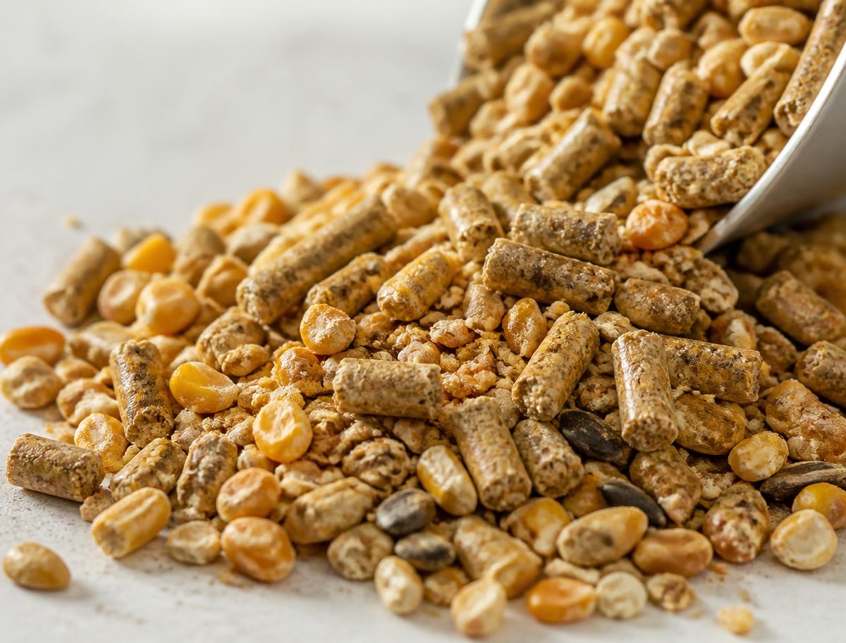 Close-up of feed pellets and grain