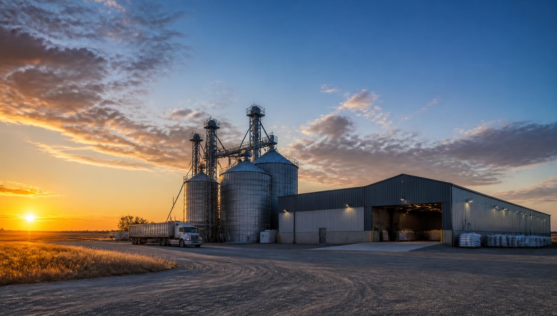 Feed mill silos and distribution warehouse at sunrise
